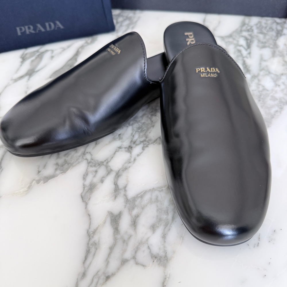 Prada Milano Black Leather Mule Slides Gold Logo Slip On Flat Shoes Mens UK7 - Picture 8 of 13